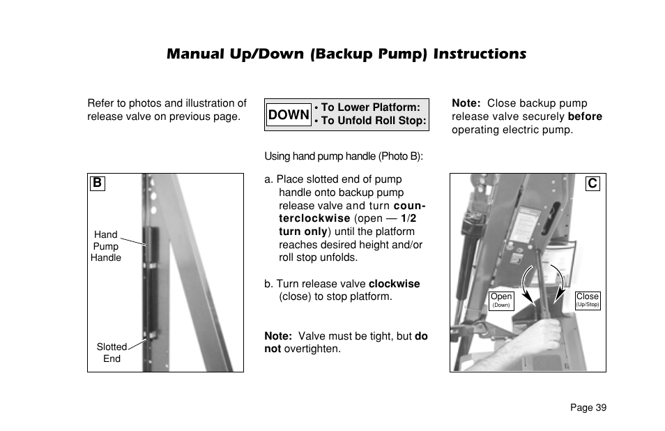 Manual up/down (backup pump) instructions, Down | Braun ULTRA SERIES 05 L200UARS User Manual | Page 41 / 51