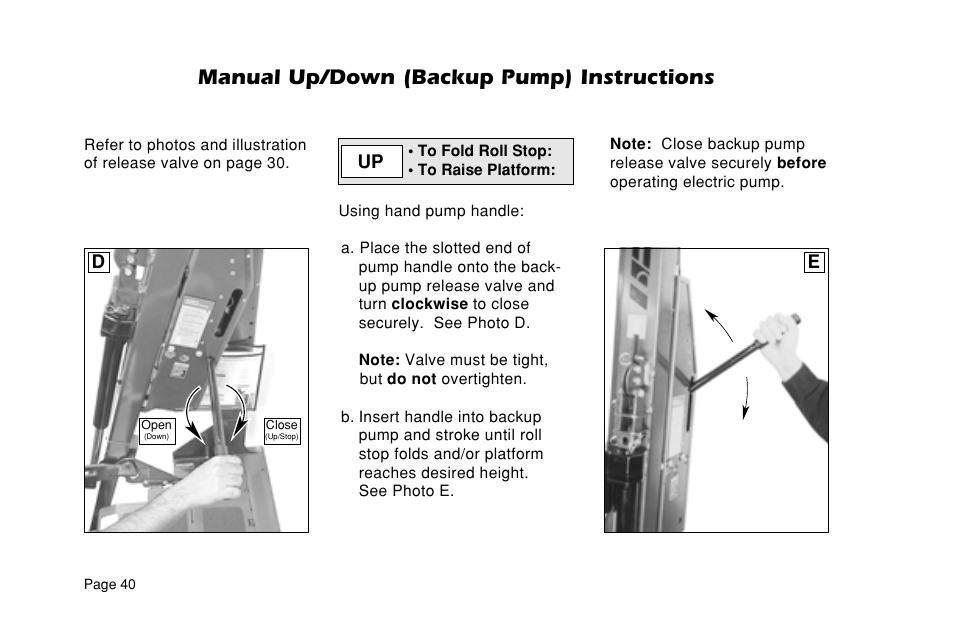Manual up/down (backup pump) instructions | Braun ULTRA SERIES 05 L200UARS User Manual | Page 42 / 51