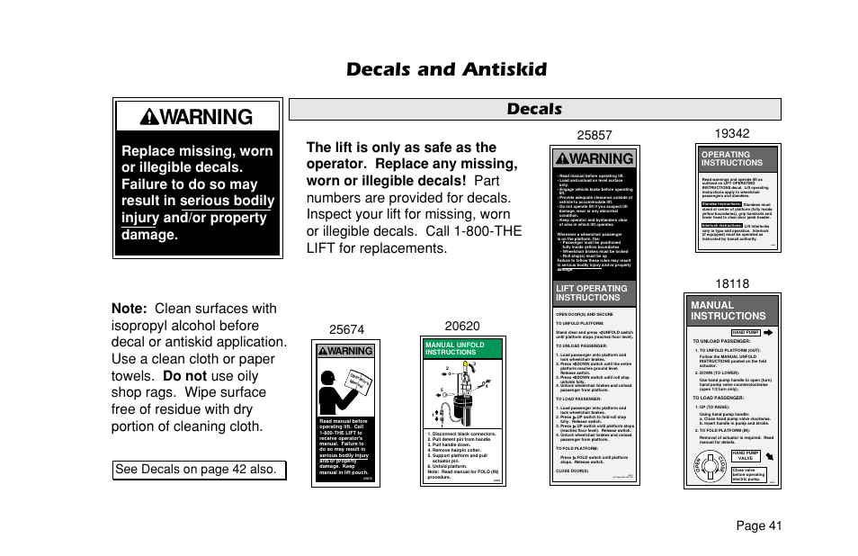 Warning, Decals and antiskid, Decals | Page 41, Manual instructions | Braun ULTRA SERIES 05 L200UARS User Manual | Page 43 / 51