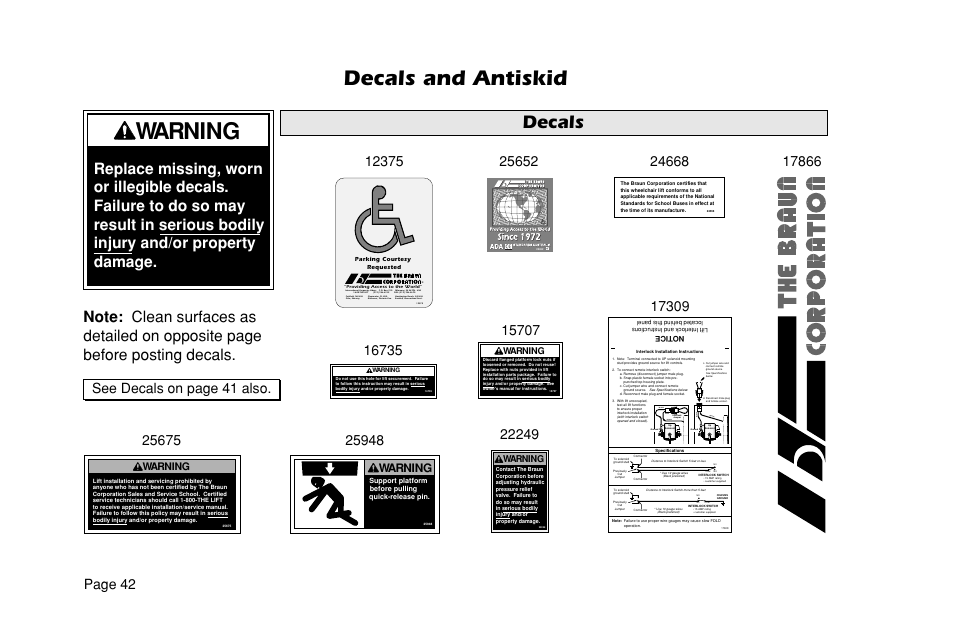 Warning, Decals and antiskid, Decals | Page 42, See decals on page 41 also, Blu black black black black | Braun ULTRA SERIES 05 L200UARS User Manual | Page 44 / 51