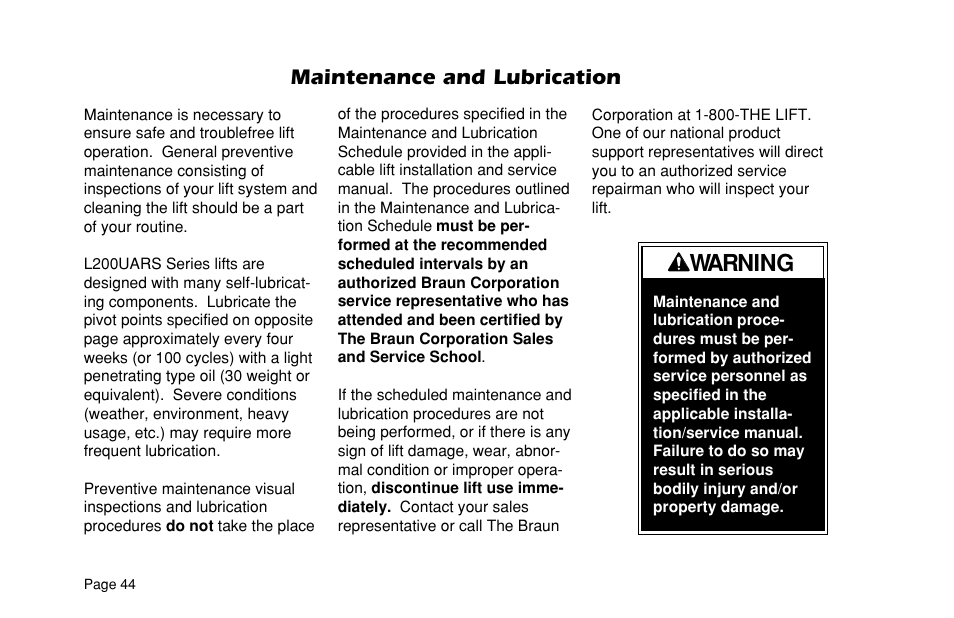 Warning, Maintenance and lubrication | Braun ULTRA SERIES 05 L200UARS User Manual | Page 46 / 51