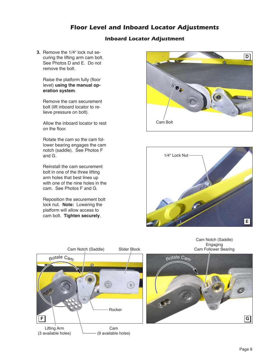 Floor level and inboard locator adjustments | Braun NUVL603C User Manual | Page 11 / 38