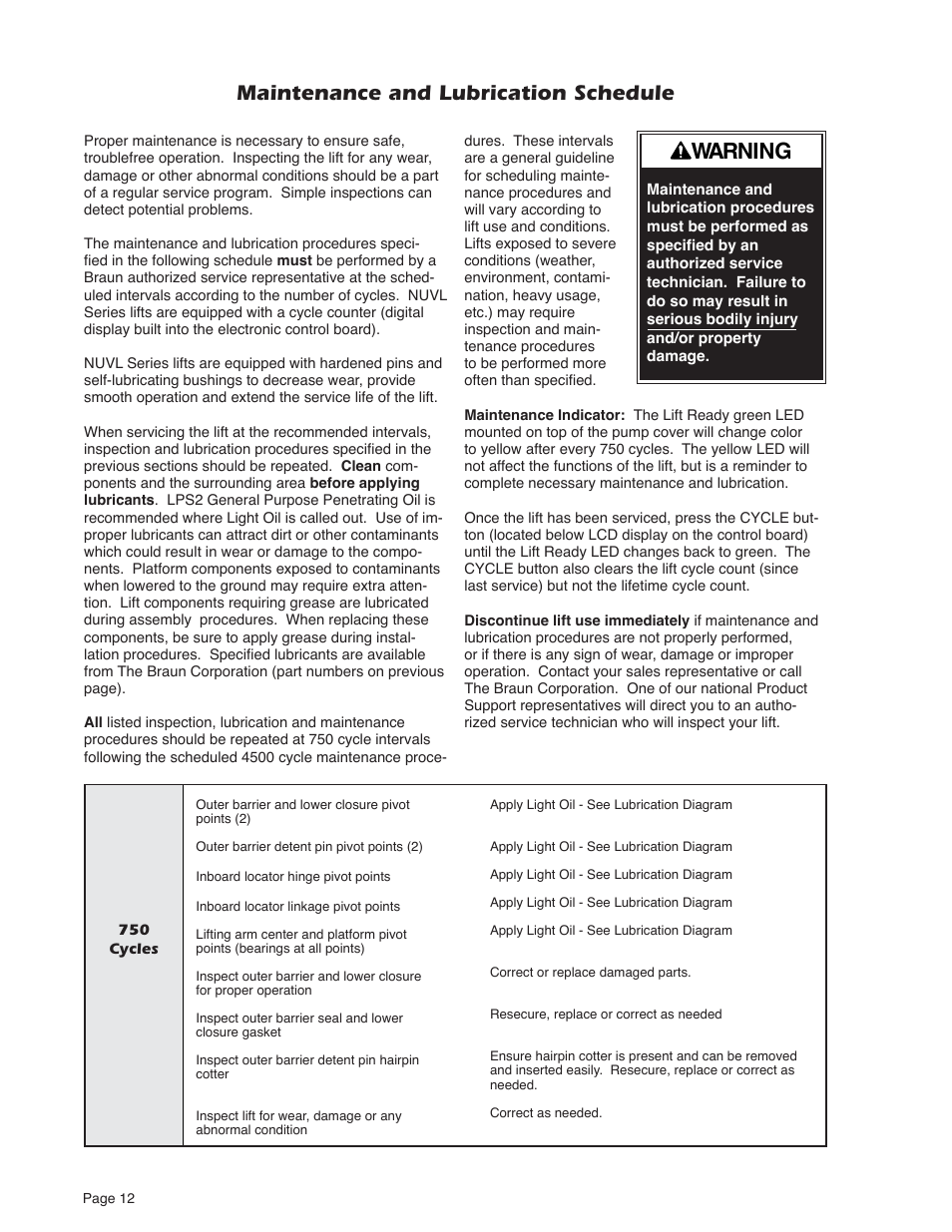 Warning, Maintenance and lubrication schedule | Braun NUVL603C User Manual | Page 14 / 38