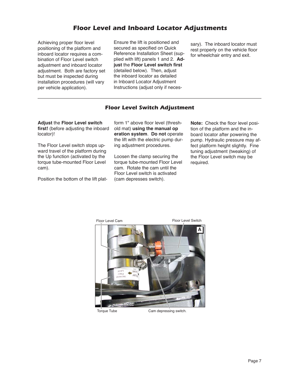 Floor level and inboard locator adjustments, Floor level switch adjustment | Braun NUVL603C User Manual | Page 9 / 38