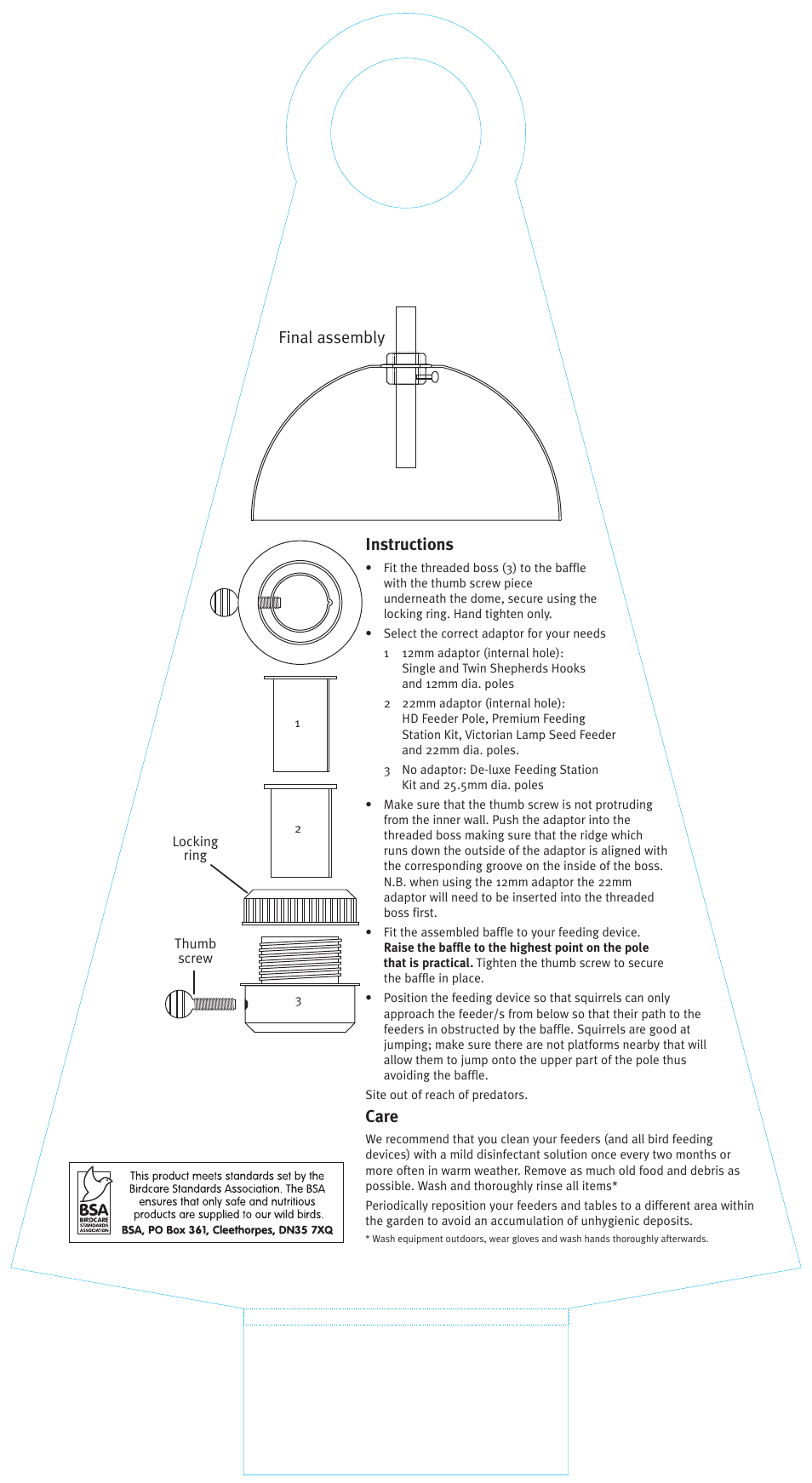 Instructions, Care, Final assembly | Gardman Squirrel Baffle User Manual | Page 2 / 2