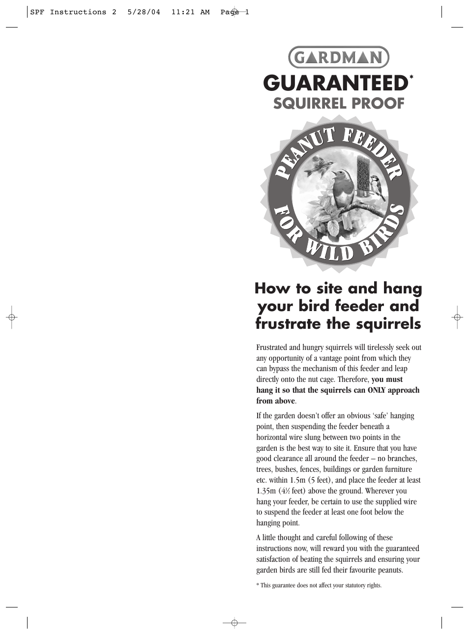 Gardman Squirrel Proof Feeder User Manual | 2 pages