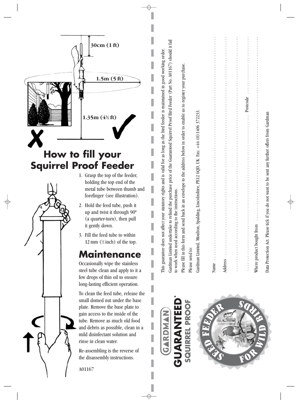 Guaranteed, How to fill your squirrel proof feeder, Maintenance | Squirrel proof | Gardman SQUIRREL PROOF User Manual | Page 2 / 2