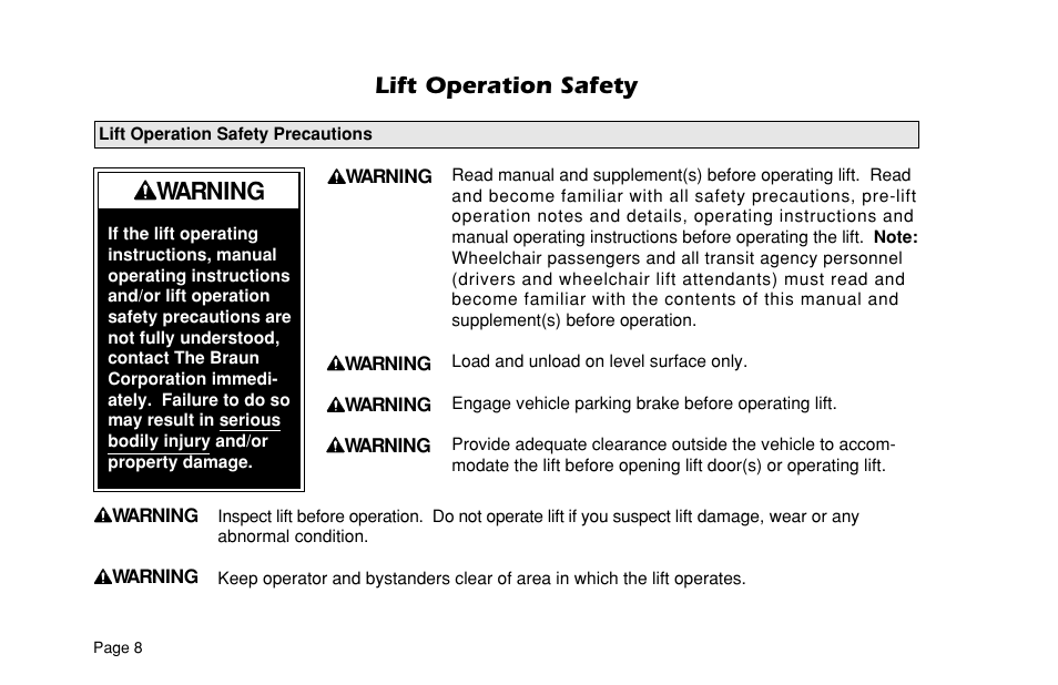 Lift operation safety, Warning | Braun L955 User Manual | Page 10 / 43