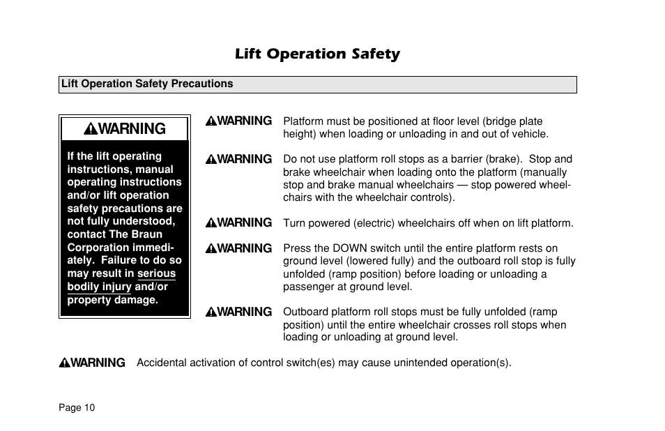 Lift operation safety, Warning | Braun L955 User Manual | Page 12 / 43