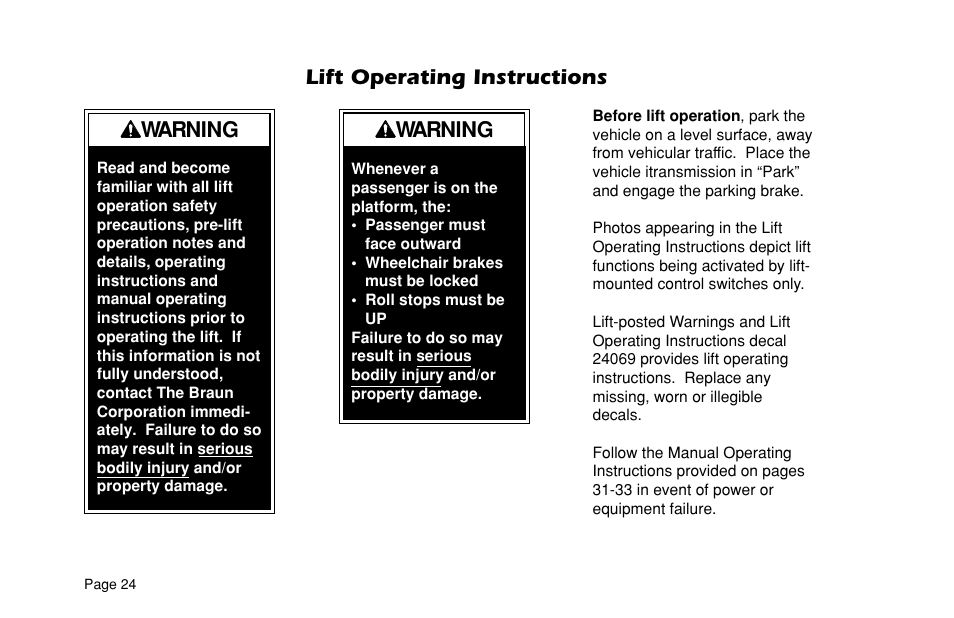 Lift operating instructions warning, Warning | Braun L955 User Manual | Page 26 / 43