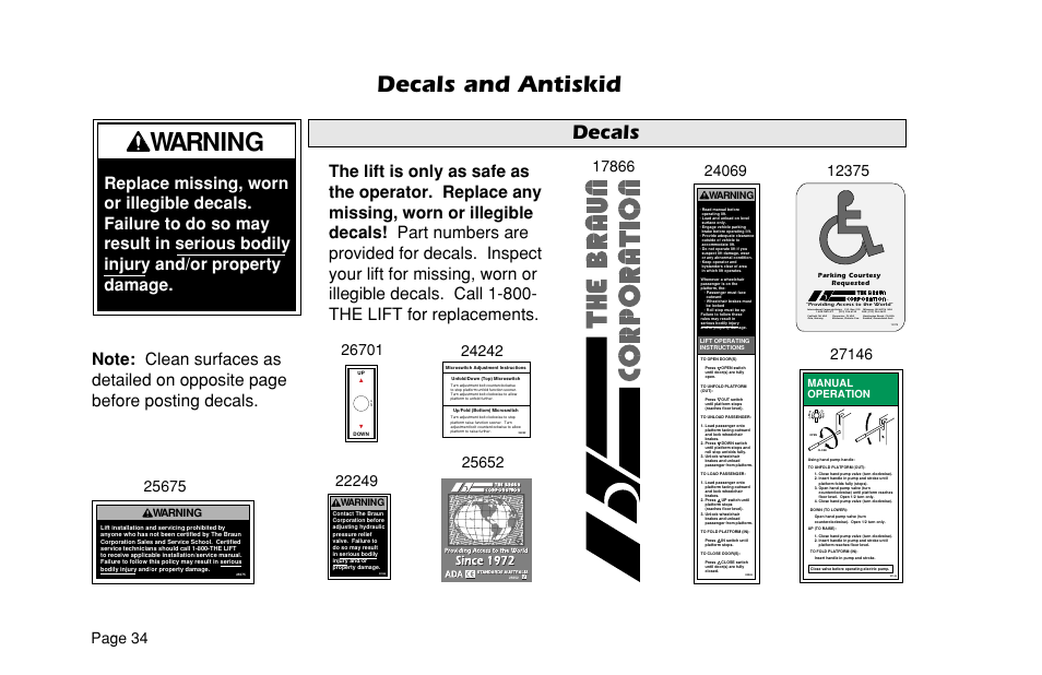 Warning, Decals and antiskid, Decals | Page 34, Manual operation | Braun L955 User Manual | Page 36 / 43