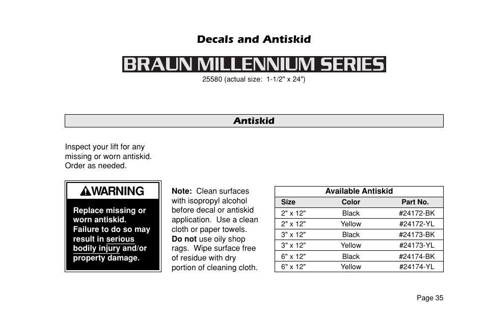 Warning, Decals and antiskid, Antiskid | Braun L955 User Manual | Page 37 / 43