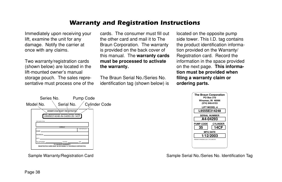 Warranty and registration instructions, Page 38, Sample serial no./series no. identification tag | Braun L955 User Manual | Page 40 / 43