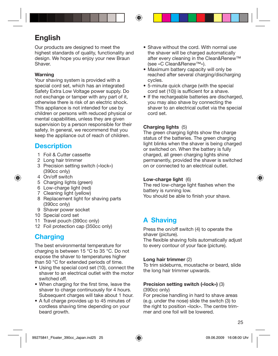 English, Description, Charging | A shaving | Braun 350CC User Manual | Page 25 / 31