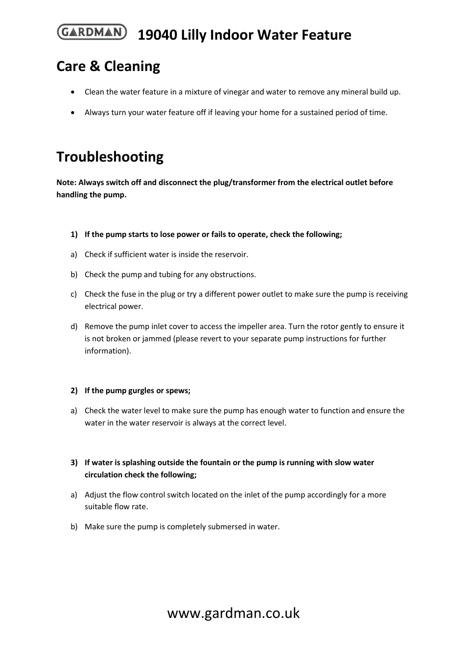 Care & cleaning, Troubleshooting | Gardman Lilly Indoor User Manual | Page 2 / 4