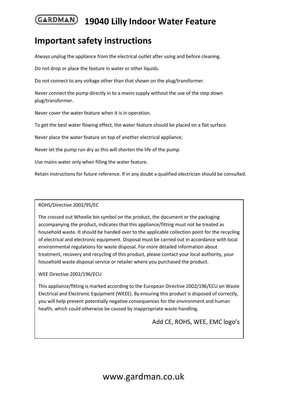 Important safety instructions | Gardman Lilly Indoor User Manual | Page 3 / 4