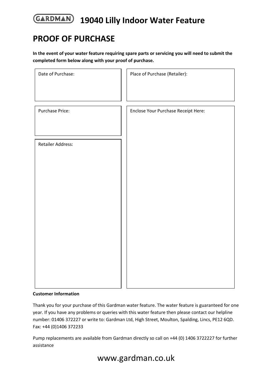 Proof of purchase | Gardman Lilly Indoor User Manual | Page 4 / 4