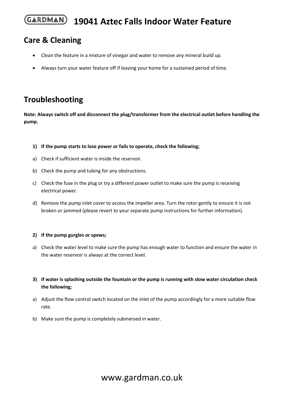 Care & cleaning, Troubleshooting | Gardman Aztec Falls Indoor User Manual | Page 2 / 4