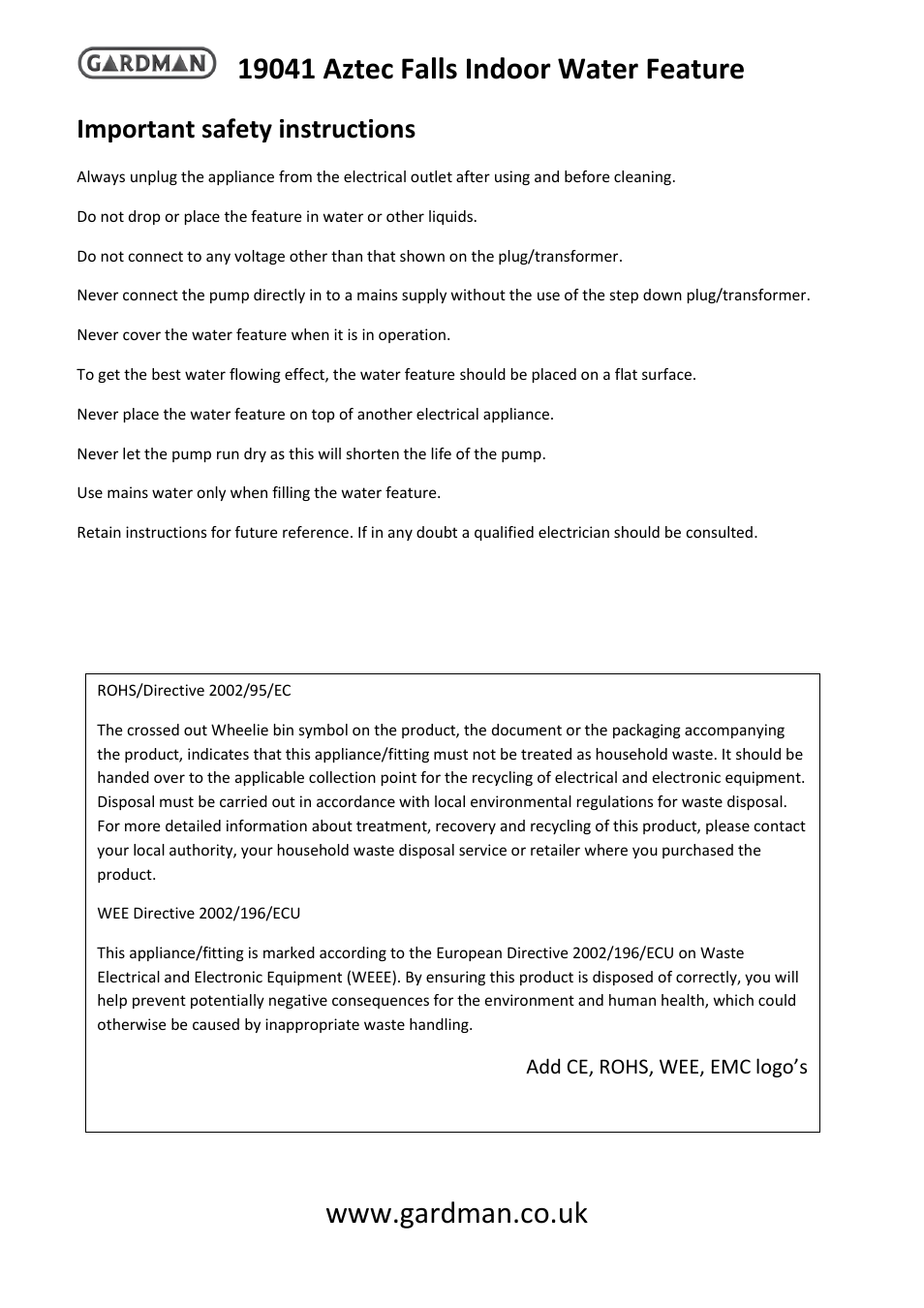 Important safety instructions, Add ce, rohs, wee, emc logo’s | Gardman Aztec Falls Indoor User Manual | Page 3 / 4