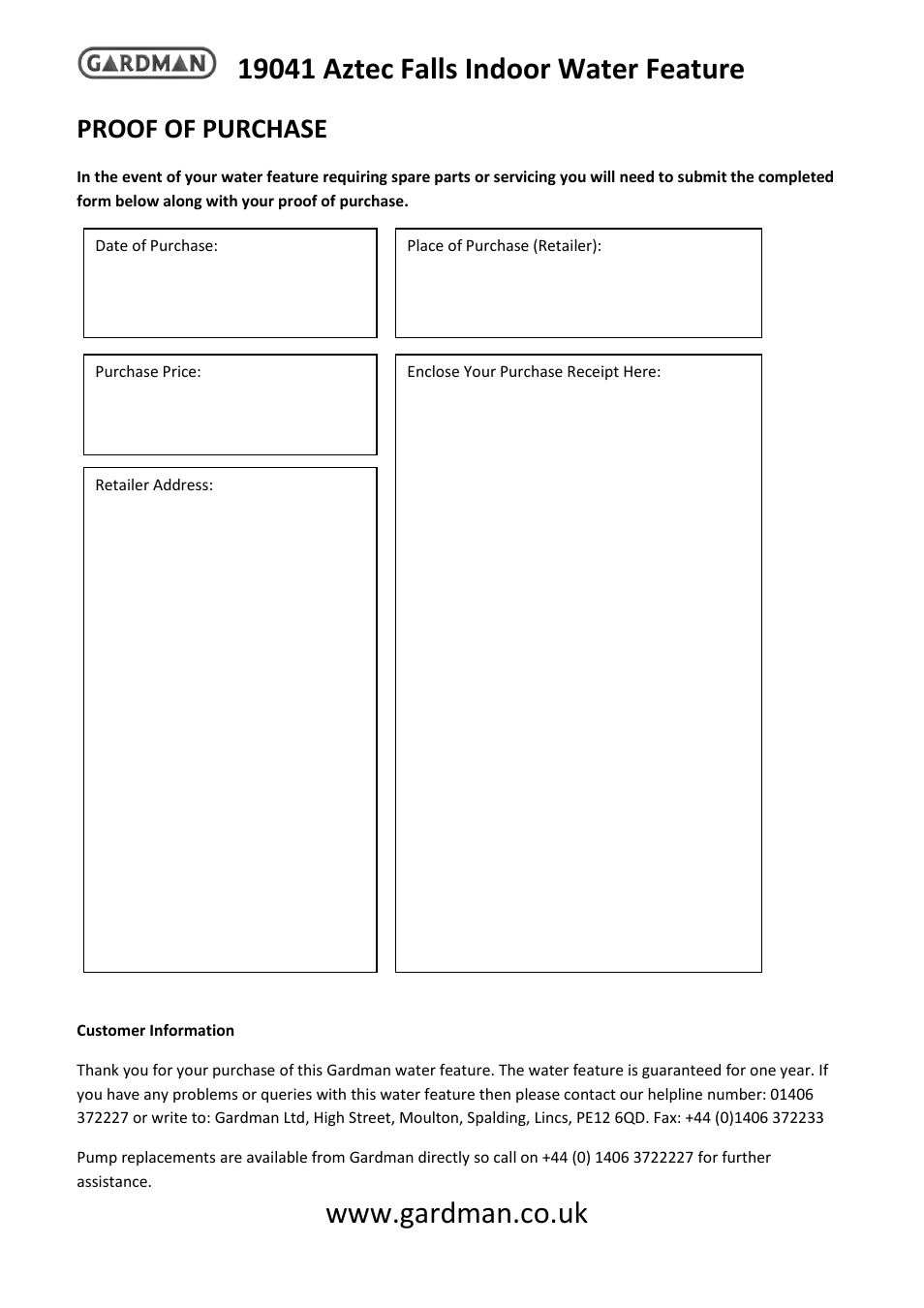 Proof of purchase | Gardman Aztec Falls Indoor User Manual | Page 4 / 4