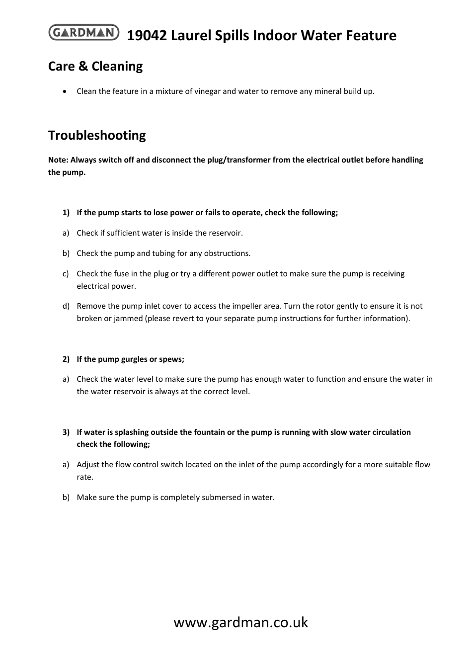 Care & cleaning, Troubleshooting | Gardman Laurel Spills Indoor User Manual | Page 2 / 4