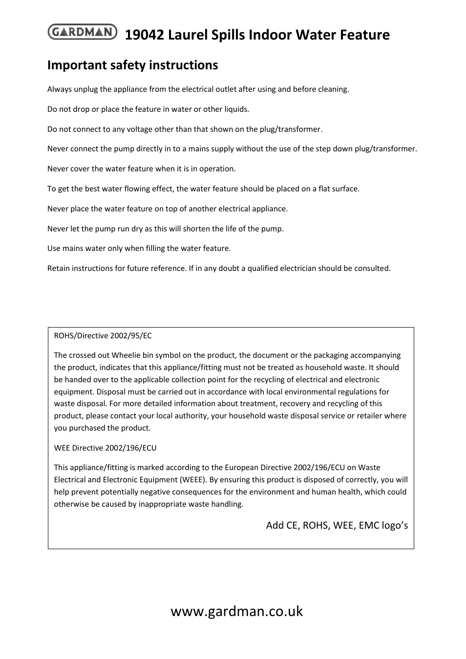 Important safety instructions | Gardman Laurel Spills Indoor User Manual | Page 3 / 4