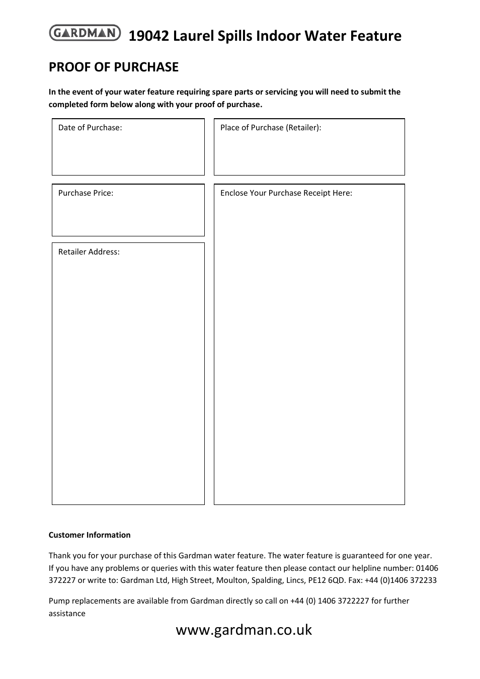 Proof of purchase | Gardman Laurel Spills Indoor User Manual | Page 4 / 4