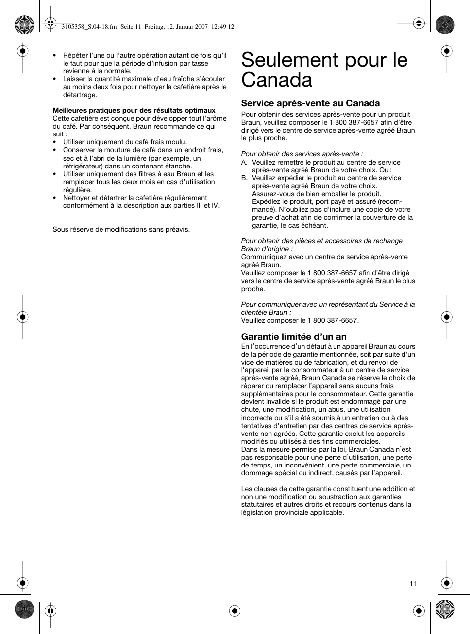 Seulement pour le canada | Braun KF580 User Manual | Page 11 / 15