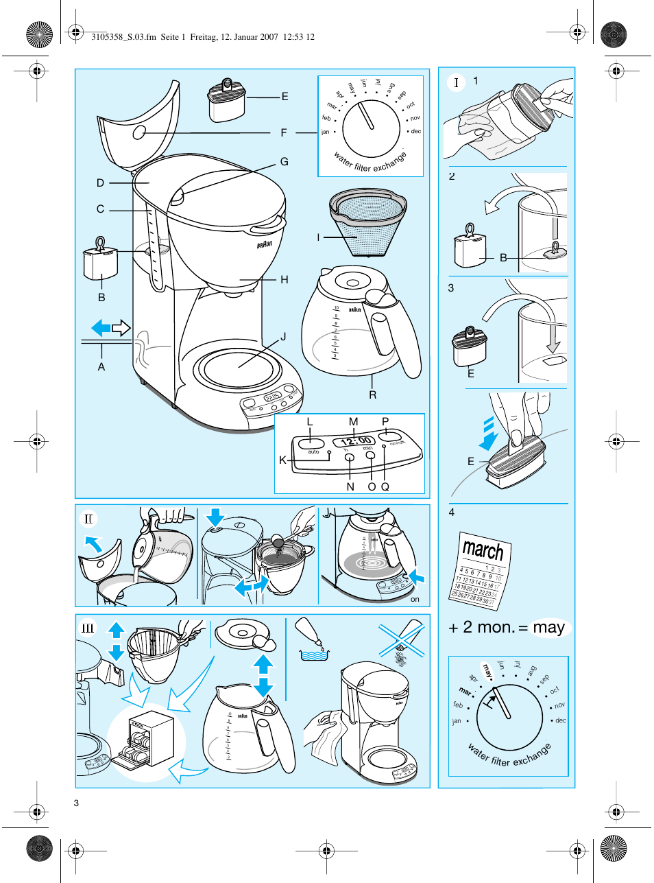 March, 2 mon. = may, B1 2 e e 3 | Wate r filter excha ng e, Hmin | Braun KF580 User Manual | Page 3 / 15