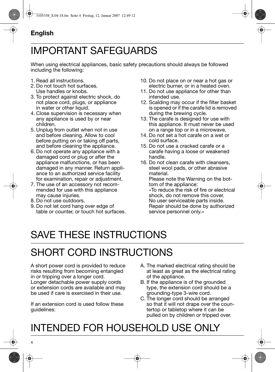 Important safeguards | Braun KF580 User Manual | Page 4 / 15