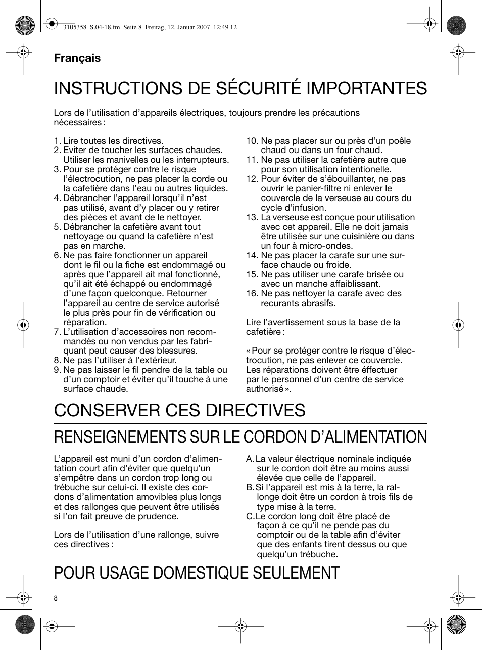 Instructions de sécurité importantes, Conserver ces directives | Braun KF580 User Manual | Page 8 / 15