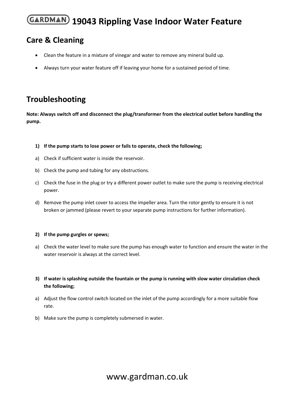 Care & cleaning, Troubleshooting | Gardman Rippling Vase Indoor User Manual | Page 2 / 4