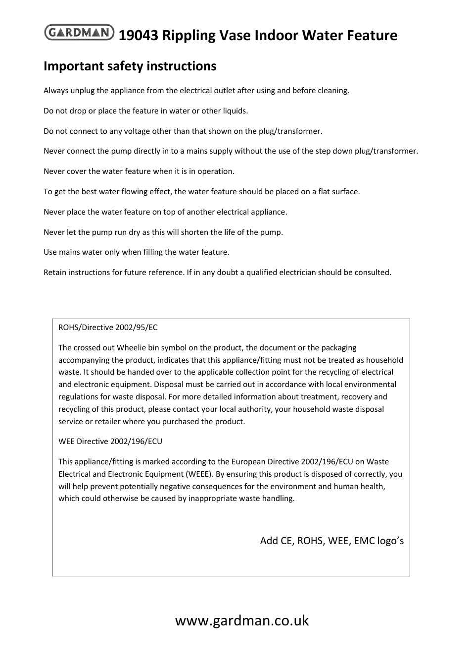 Important safety instructions, Add ce, rohs, wee, emc logo’s | Gardman Rippling Vase Indoor User Manual | Page 3 / 4