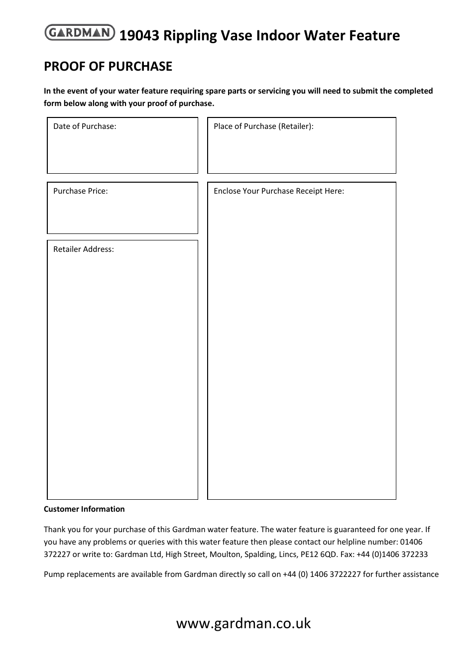 Proof of purchase | Gardman Rippling Vase Indoor User Manual | Page 4 / 4