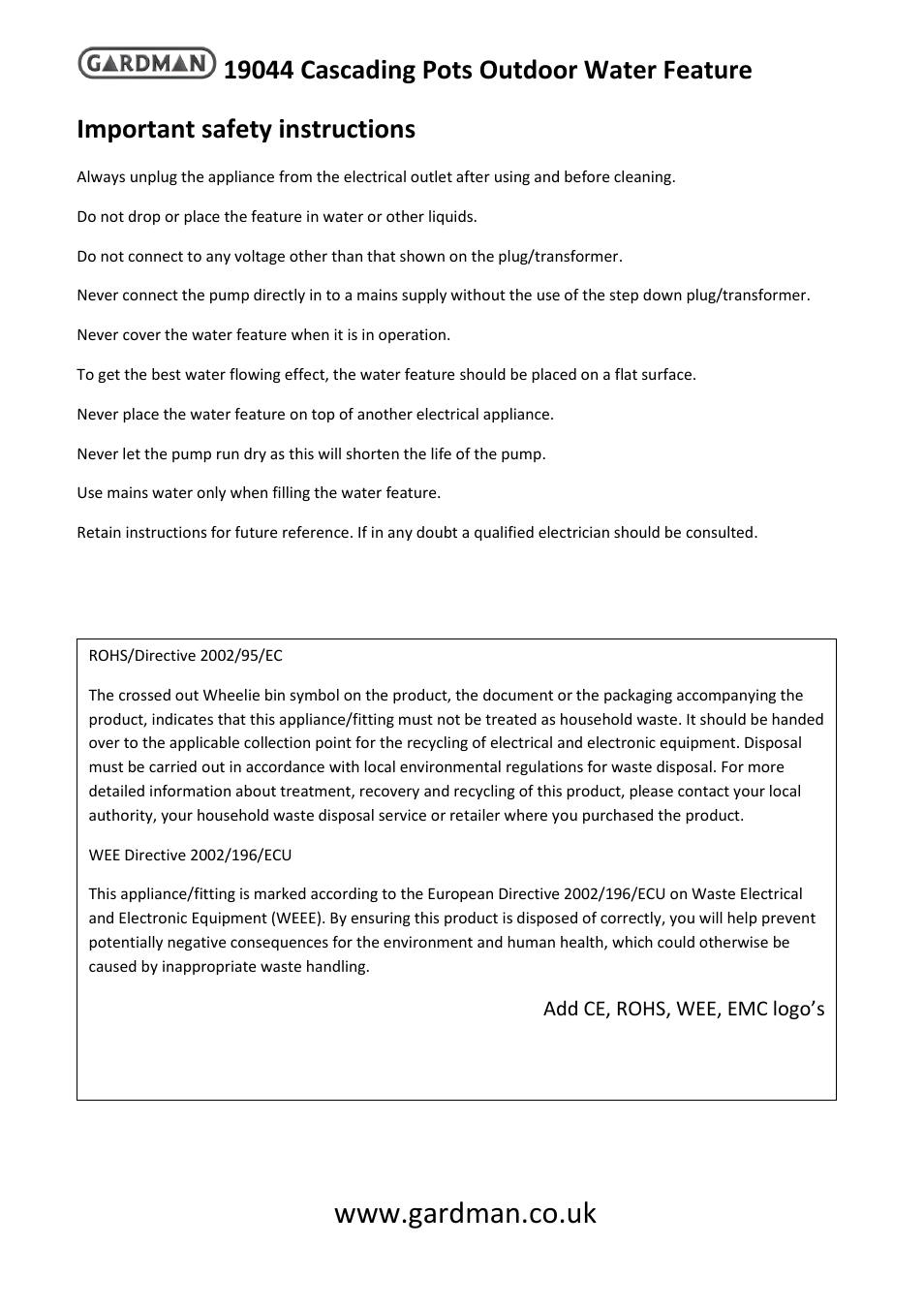 Important safety instructions | Gardman Cascading Pots Outdoor User Manual | Page 3 / 4