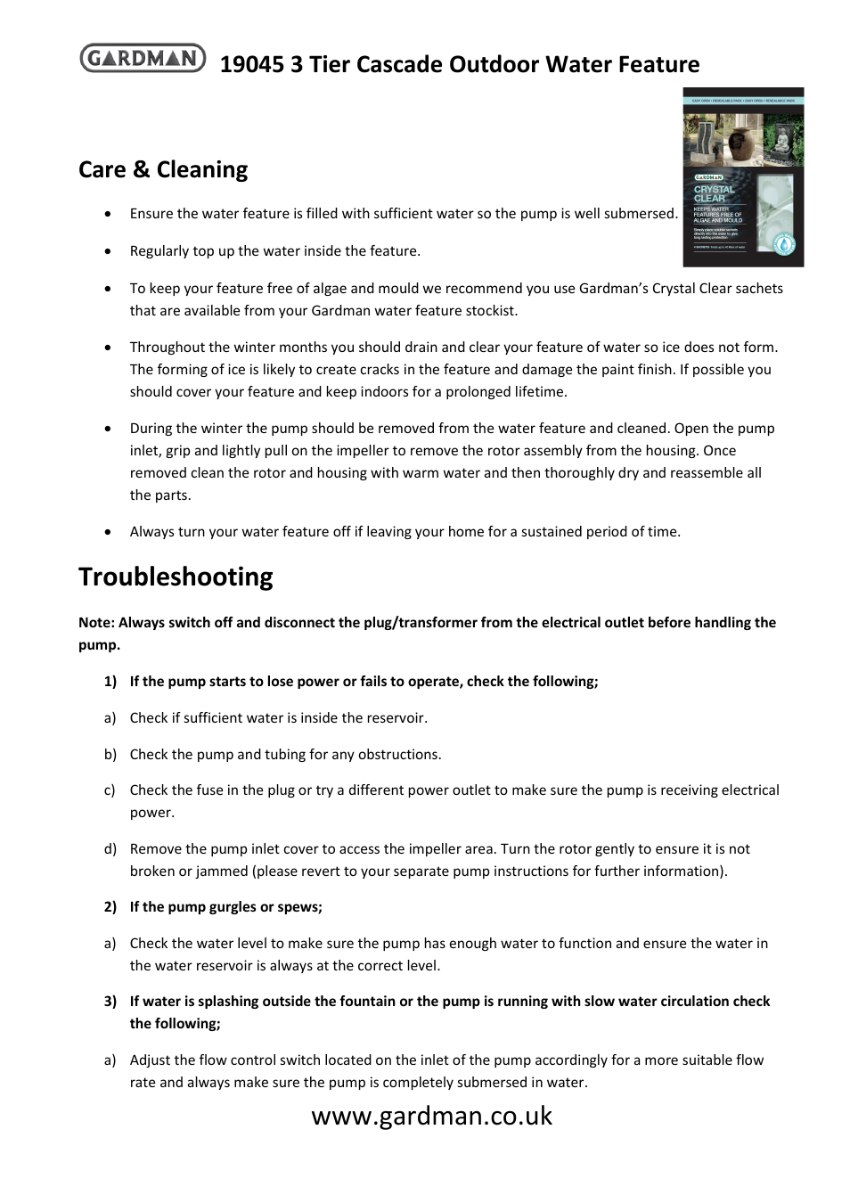 Troubleshooting, Care & cleaning | Gardman 3 Tier Cascade WF User Manual | Page 2 / 4