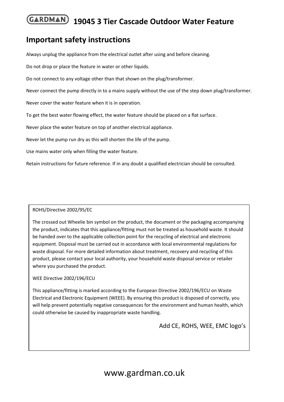 Important safety instructions | Gardman 3 Tier Cascade WF User Manual | Page 3 / 4