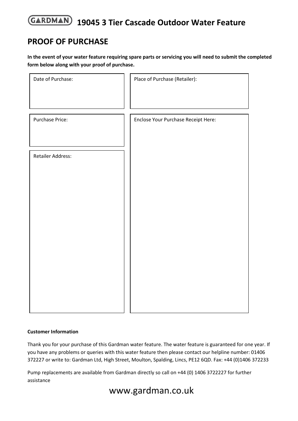 Proof of purchase | Gardman 3 Tier Cascade WF User Manual | Page 4 / 4