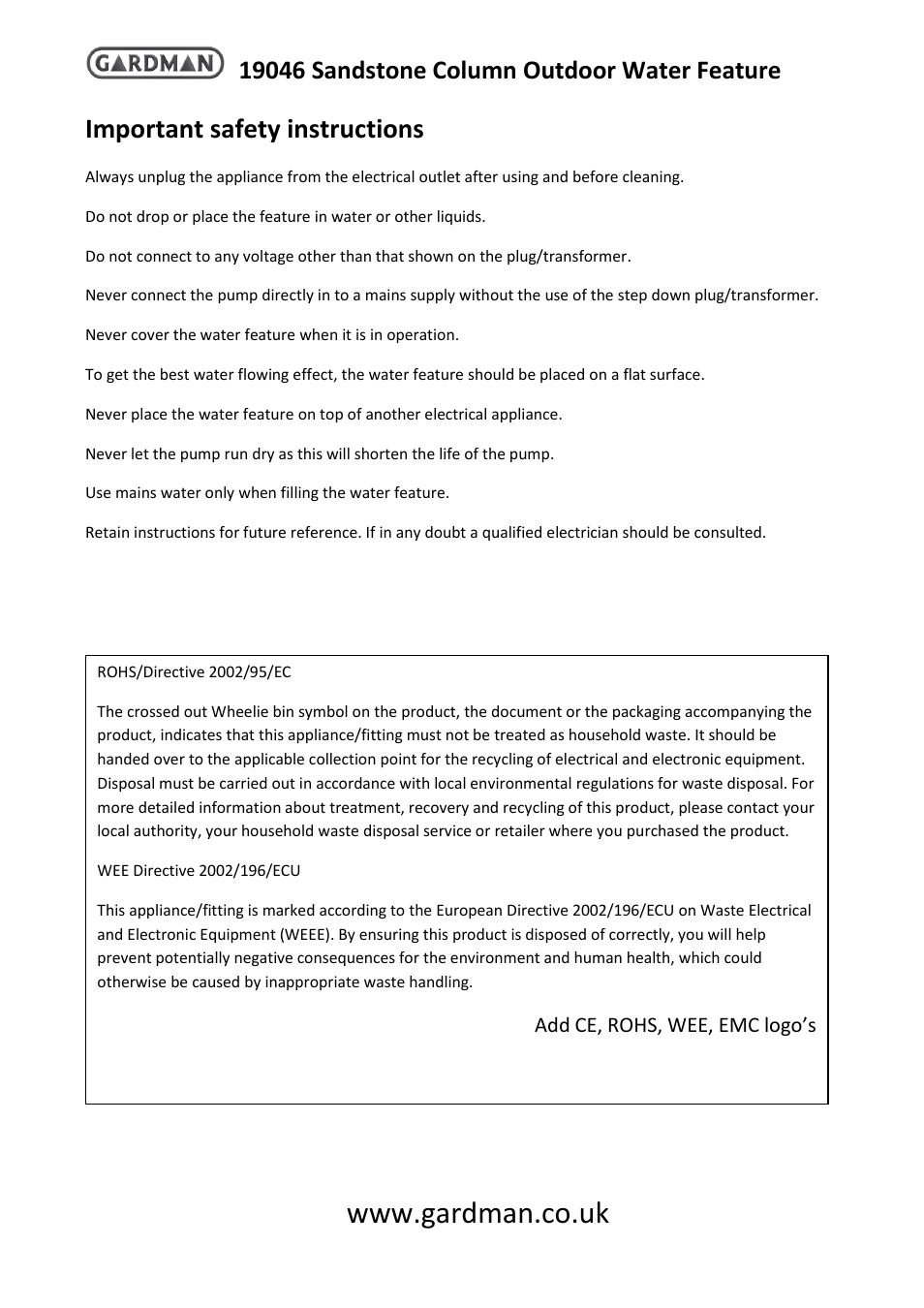 Important safety instructions | Gardman Sandstone Column User Manual | Page 3 / 4