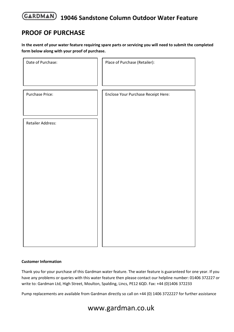 Proof of purchase | Gardman Sandstone Column User Manual | Page 4 / 4