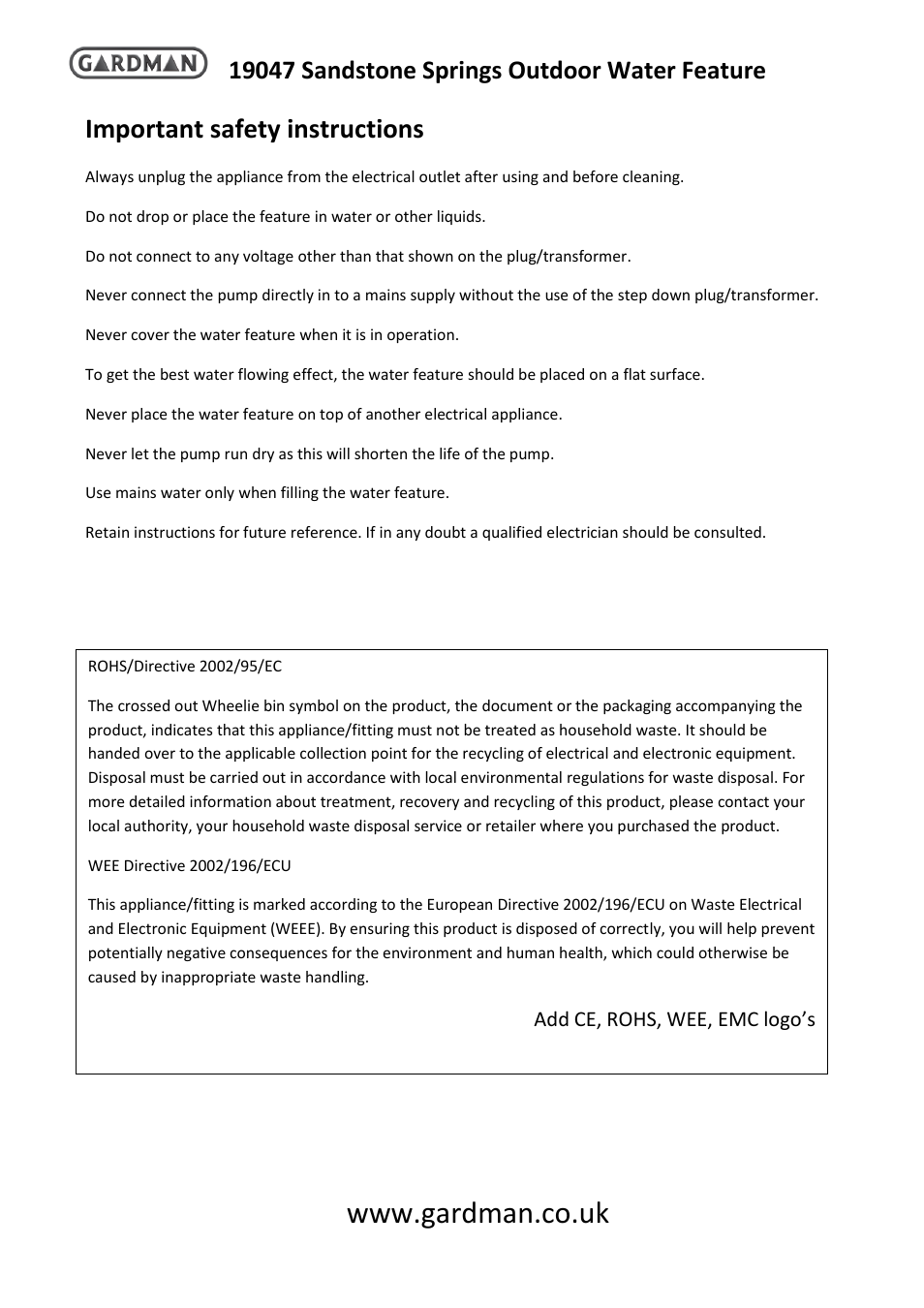 Important safety instructions | Gardman Sandstone Springs User Manual | Page 3 / 4