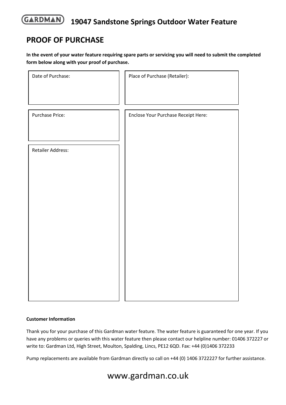 Proof of purchase | Gardman Sandstone Springs User Manual | Page 4 / 4