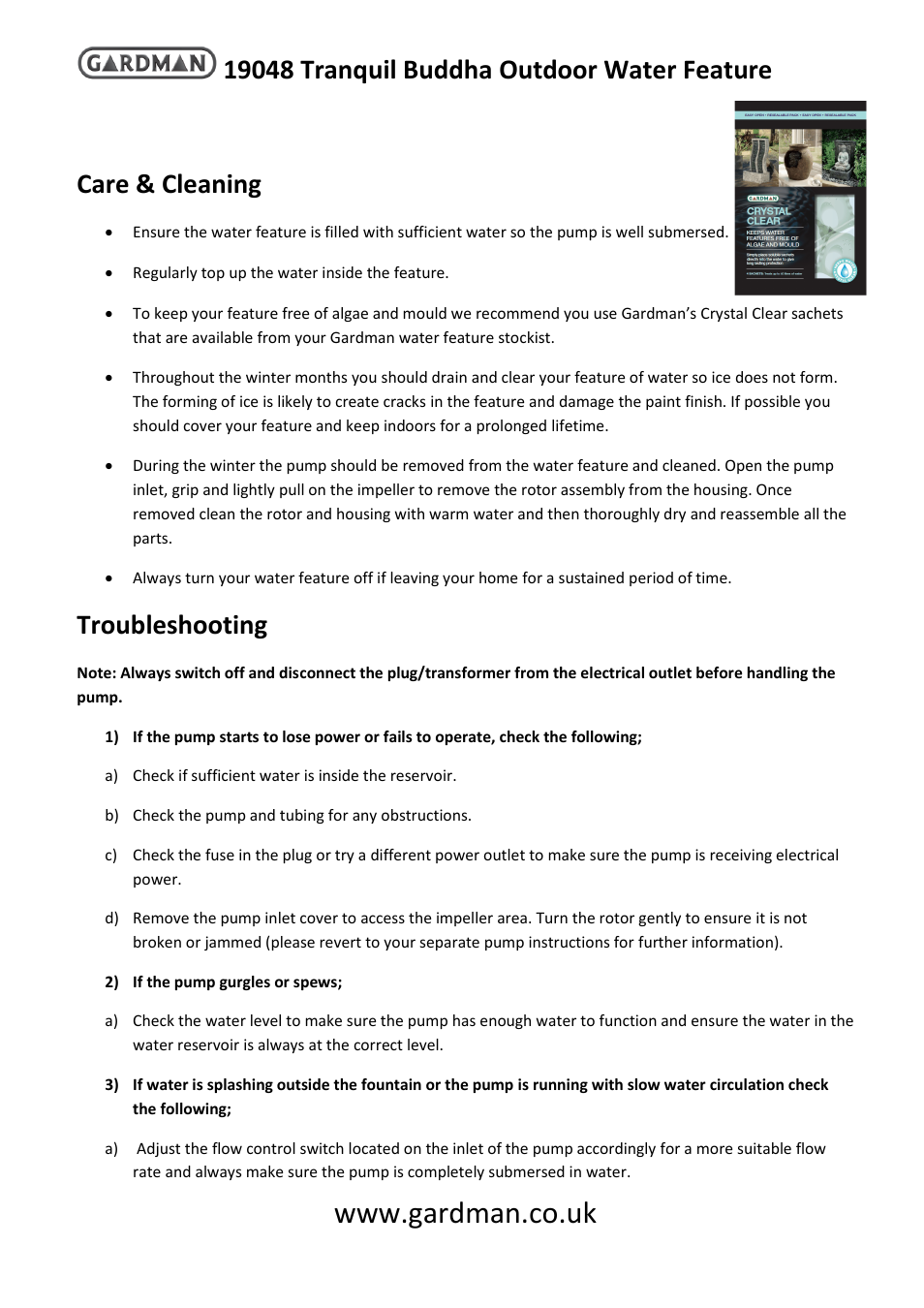 Care & cleaning, Troubleshooting | Gardman Tranquil Buddha User Manual | Page 2 / 4