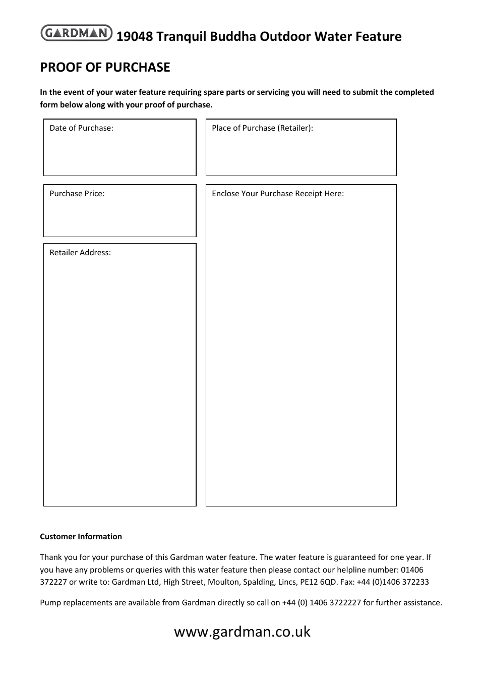 Proof of purchase | Gardman Tranquil Buddha User Manual | Page 4 / 4