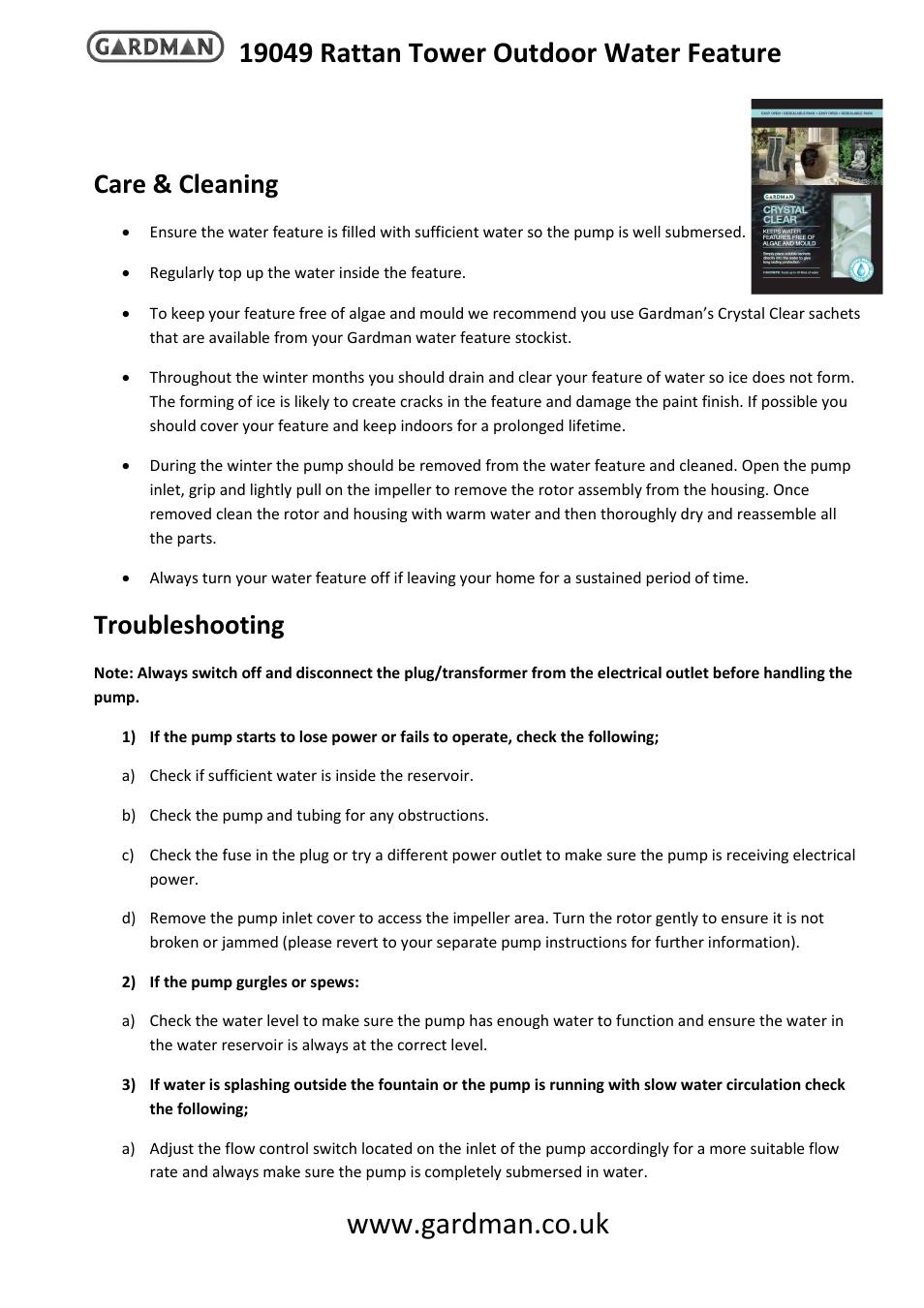 Care & cleaning, Troubleshooting | Gardman Rattan Tower User Manual | Page 2 / 4