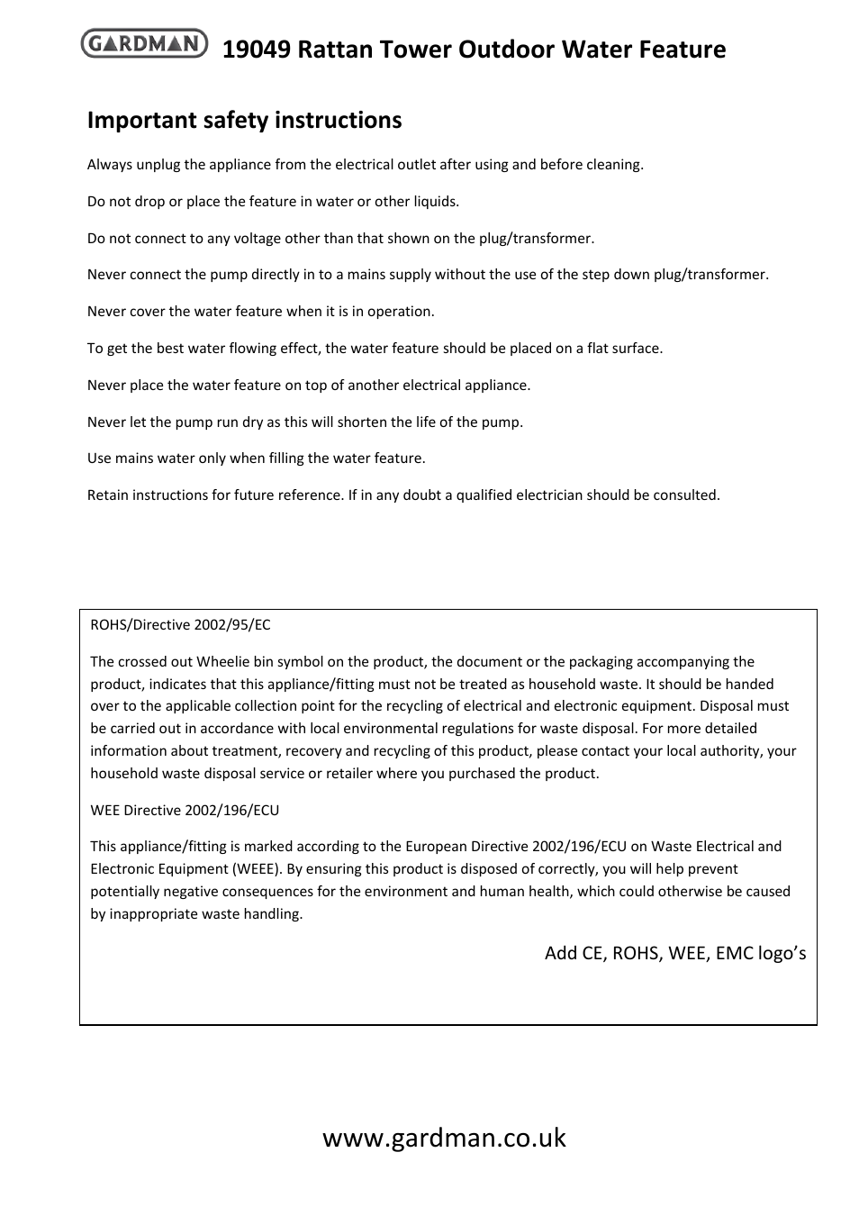 Important safety instructions | Gardman Rattan Tower User Manual | Page 3 / 4