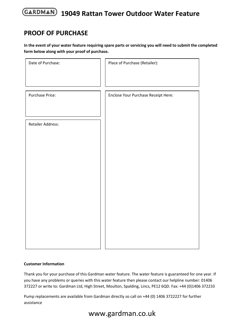 Proof of purchase | Gardman Rattan Tower User Manual | Page 4 / 4