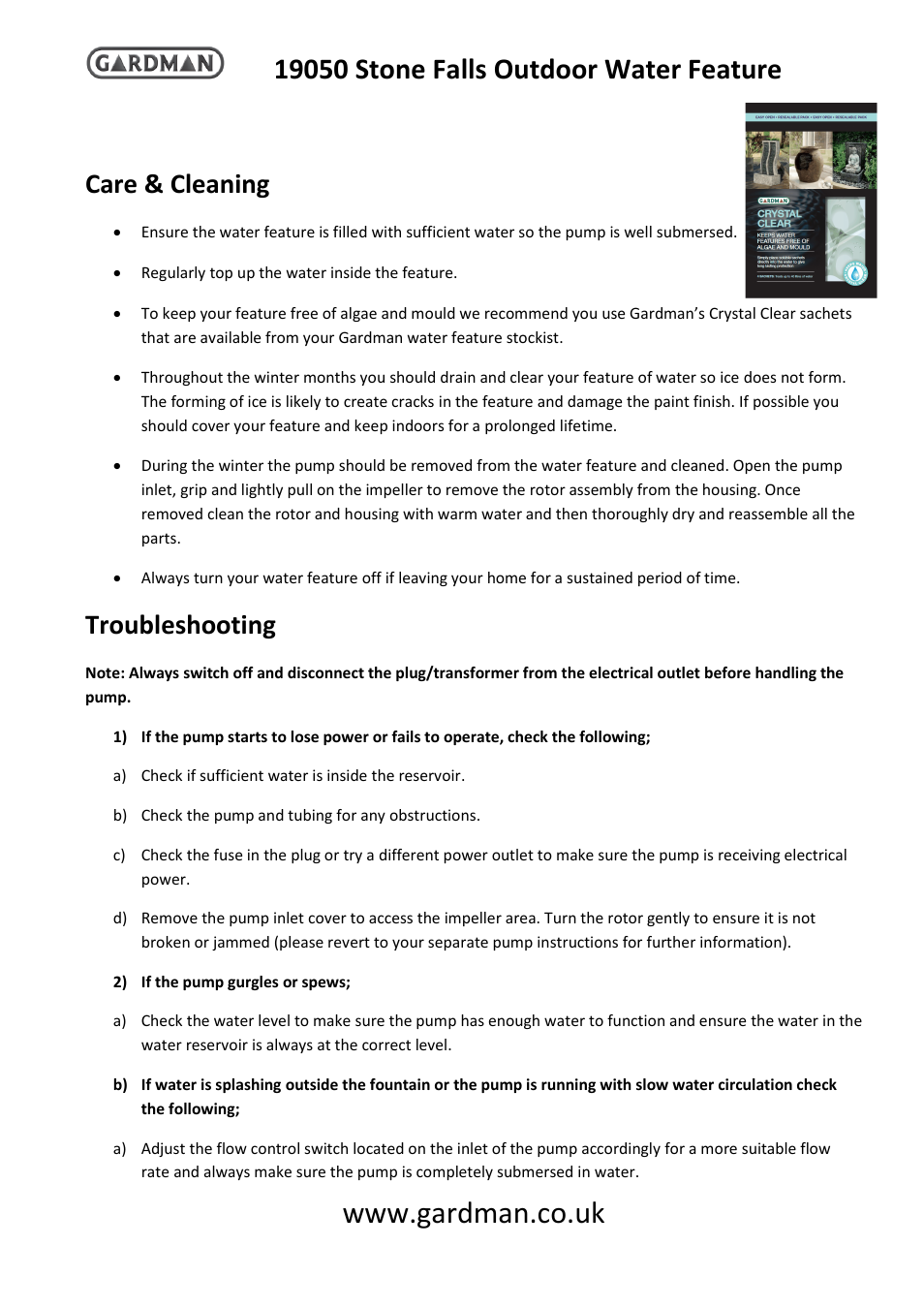 Care & cleaning, Troubleshooting | Gardman Stone Falls User Manual | Page 2 / 4