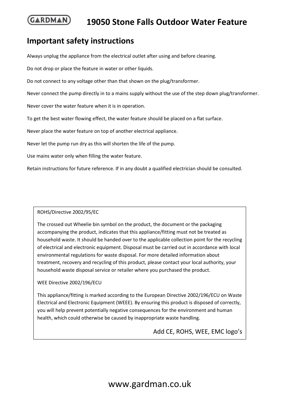 Important safety instructions | Gardman Stone Falls User Manual | Page 3 / 4