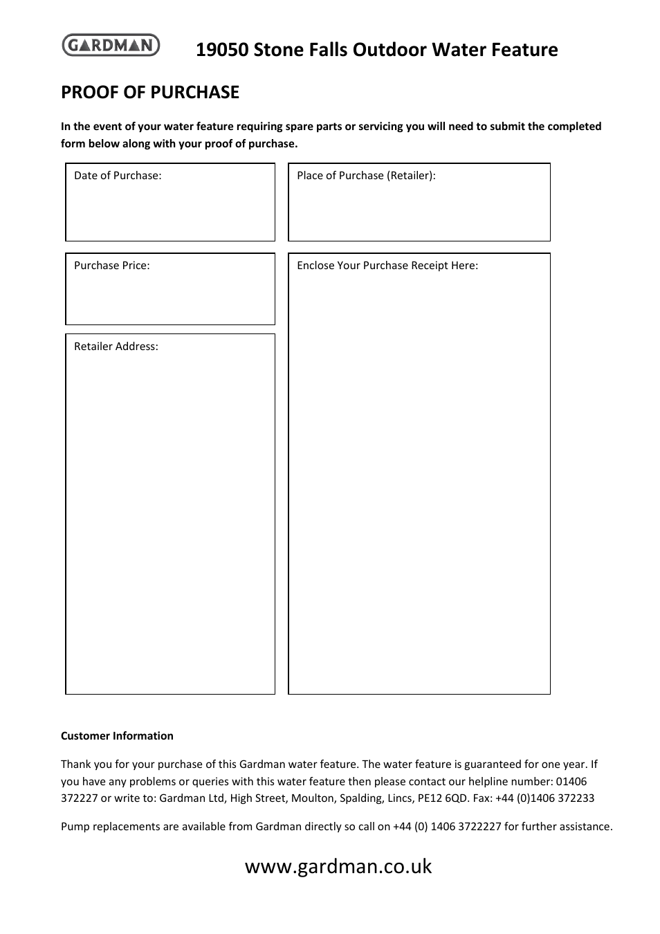 Proof of purchase | Gardman Stone Falls User Manual | Page 4 / 4